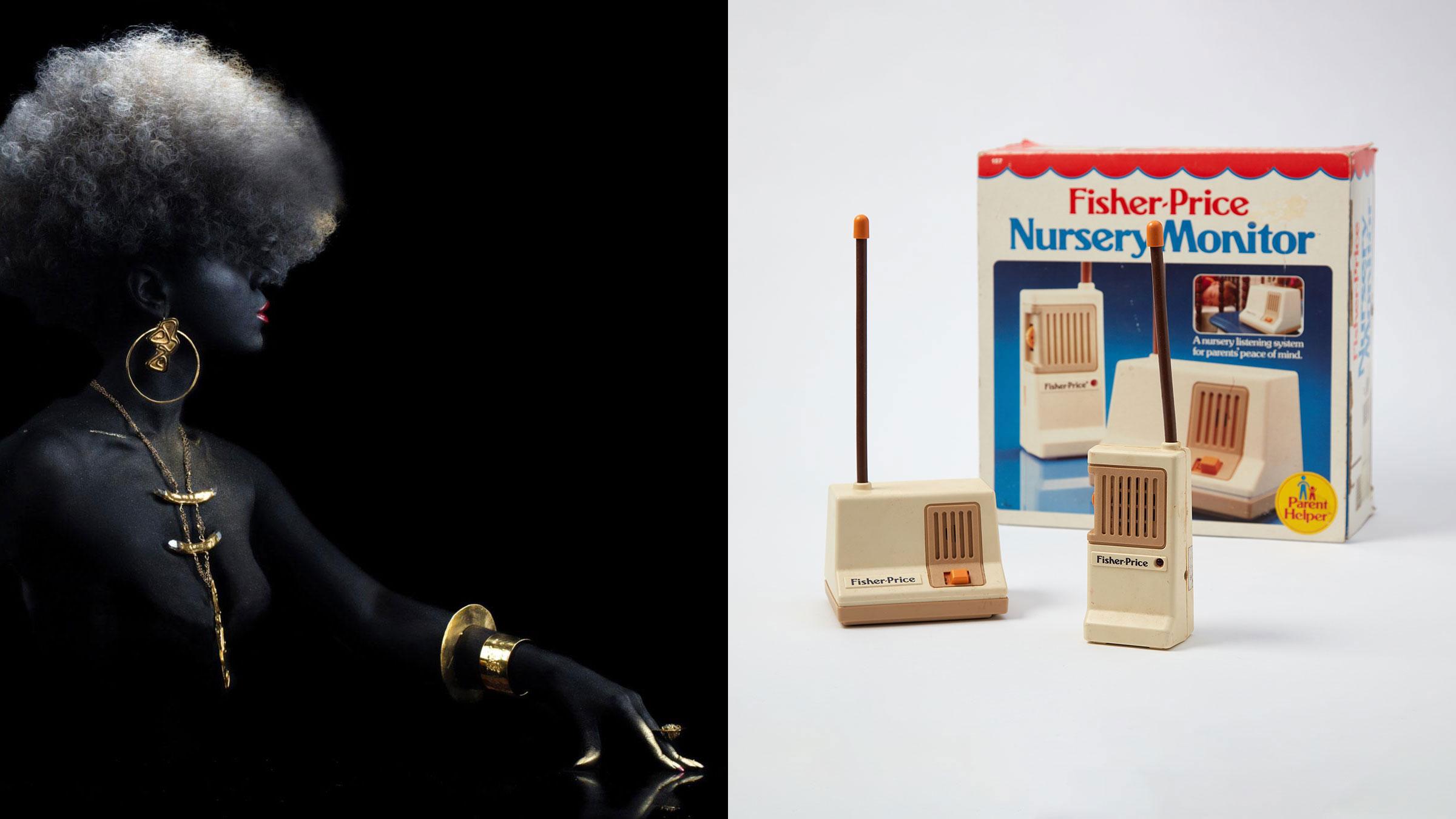 Photo of Douriean Fletcher jewelry (left). Fisher-Price Nursery Monitor, 1983 (right).