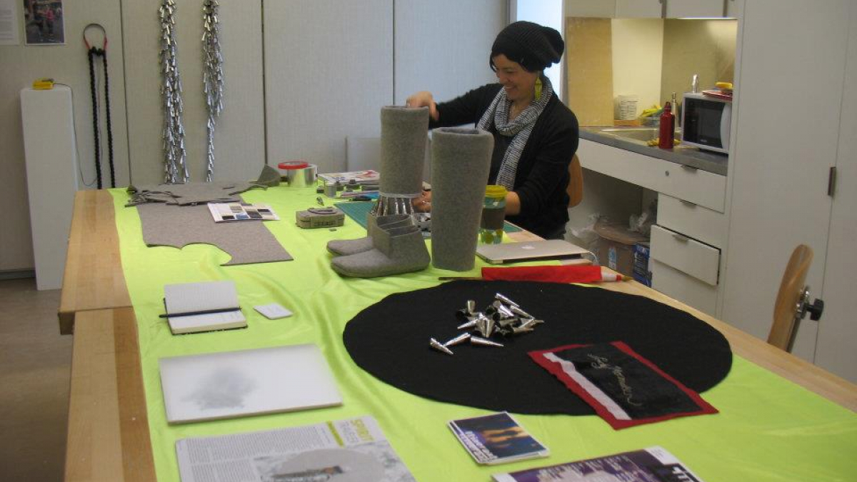 Artist Maria Hupfield at work in the Open Studios.