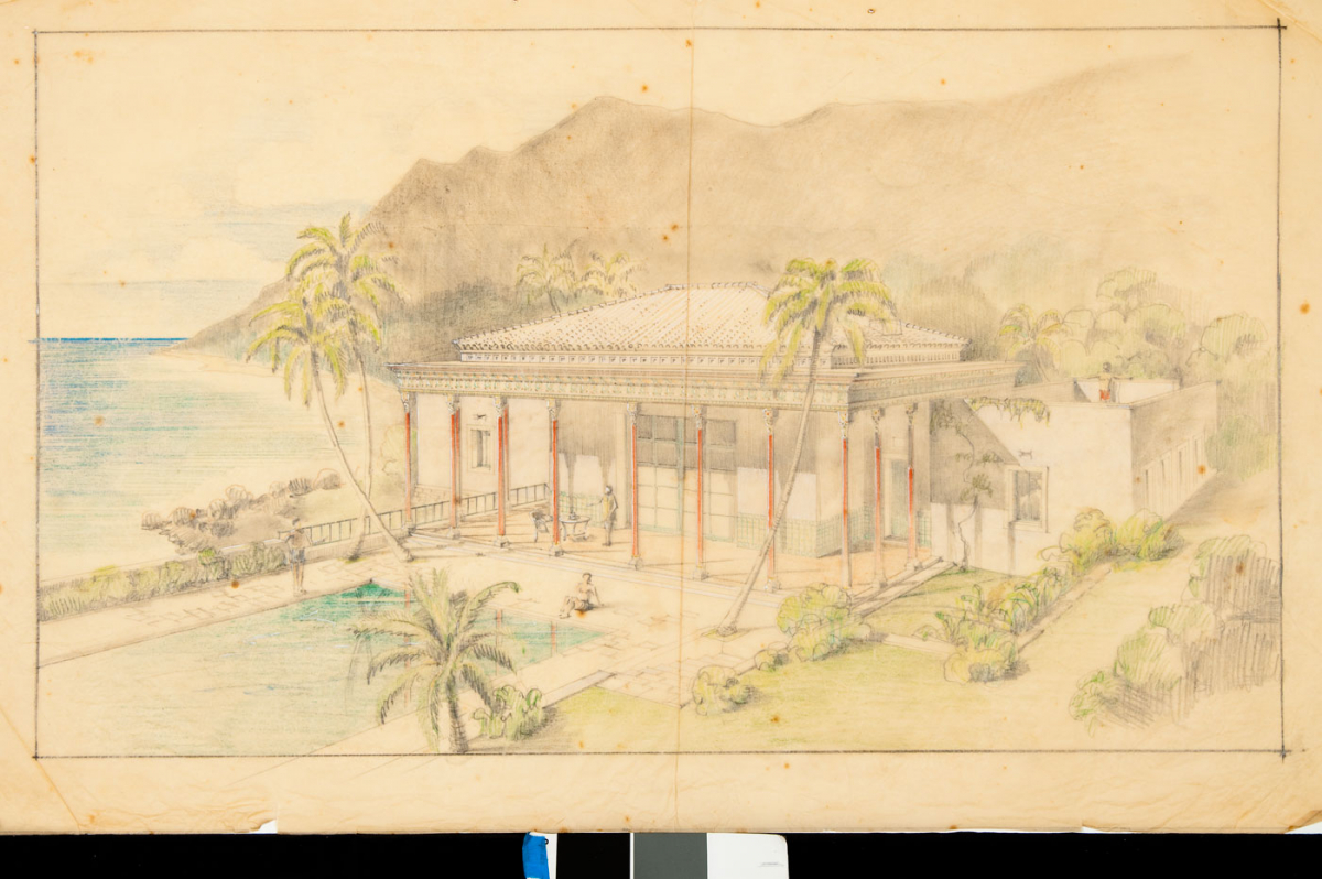  Conceptual drawing of Playhouse at Shangri La, ca. 1936.  H. Drewry Baker, Wyeth & King, Architects, image courtesy Shangri La Historical Archives, Doris Duke Foundation for  Islamic Art, Honolulu, Hawai‘i.