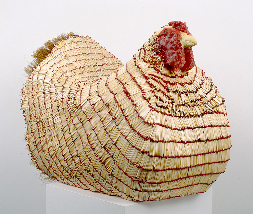Willie Cole: Malcolm’s Chicken I, 2002, Styrofoam, matches, brooms, wax, marbles 26 x 20 1/2 x 34 in. (66 x 52 x 86.5 cm) Private collection, Birmingham, AL Courtesy of Alexander and Bonin, New York 