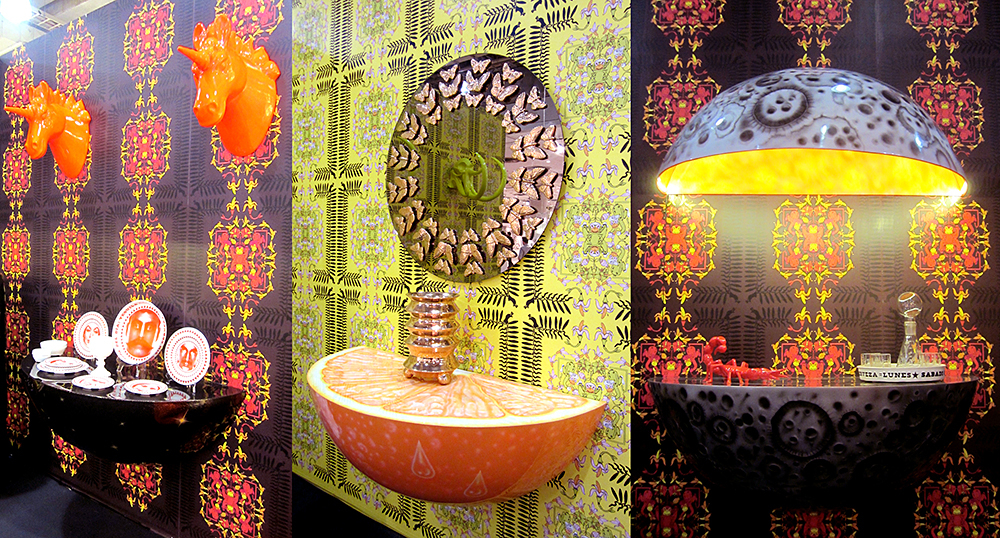 DFC, Casual Dinnerware (2013), Orange Crush Fiberglass Wall Console (2013), Rosario Mirror (2013): Installation view at ICFF New York, 2013. Courtesy of the artist. Mexico. Photo by David Franco.