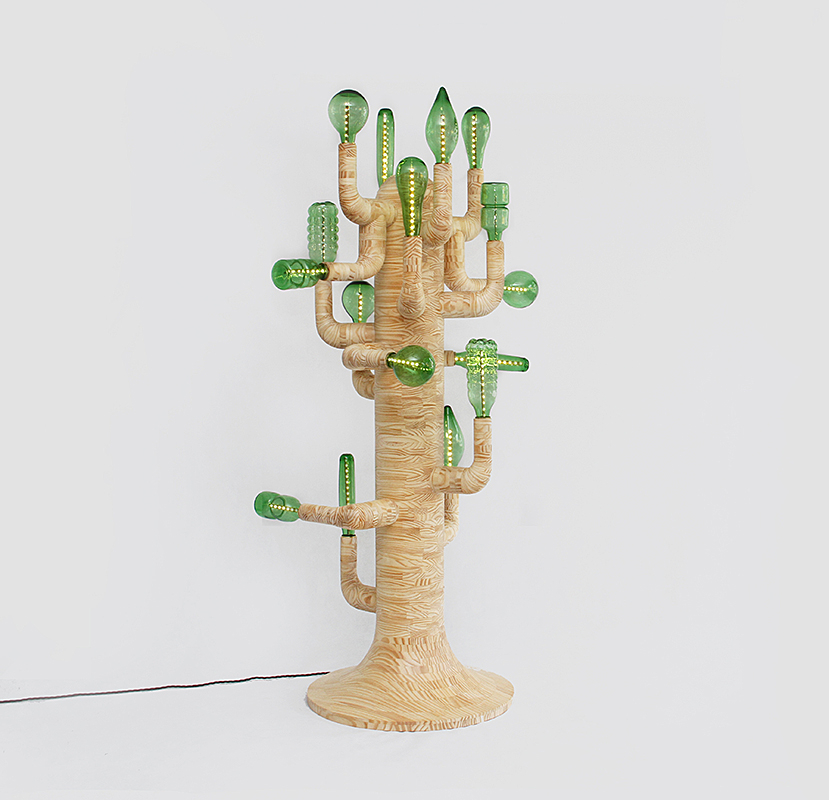 Studio Swine, Cactus Light (2012): Pine offcuts, bottle bulbs, LED light, brass fittings, fabric cable. Courtesy of Coletivo Amor de Madre. UK. Photo by Studio Swine.