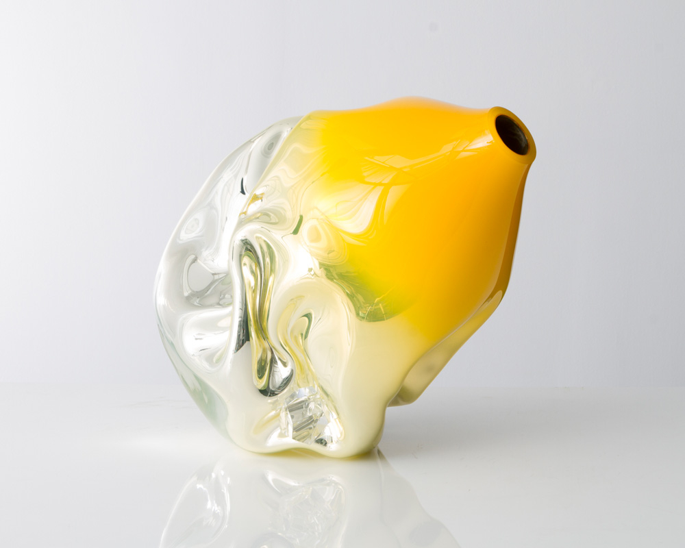 Jeff Zimmerman; Unique crumpled sculptural vessel in mirrorized yellow hand-blown glass with glass gems, 2014: Glass;  Photo: Joe Kramm for R & Company