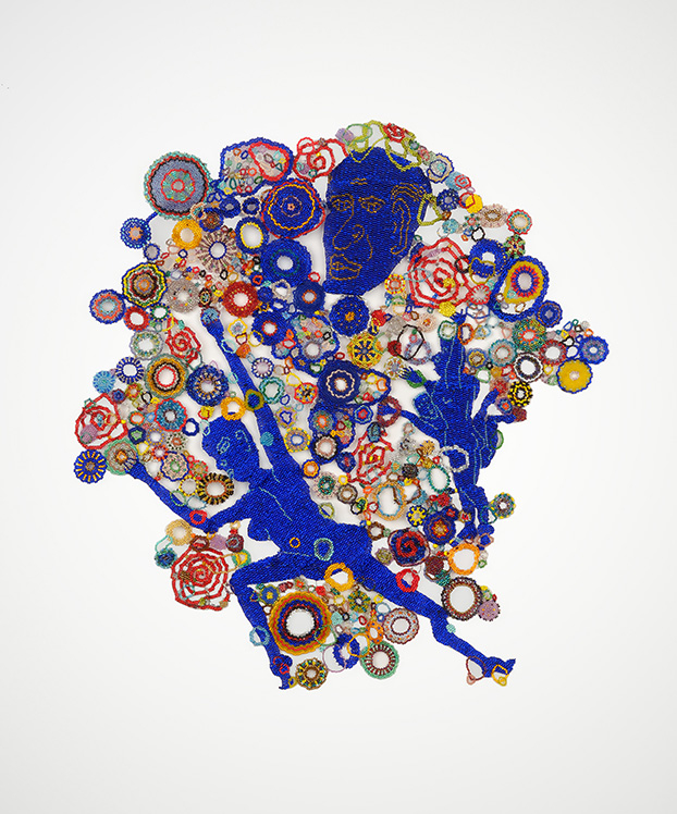 Cobalt, Yellow Circles, 2010: Cobalt, Yellow Circles, 2010  Glass beads, thread; Collection of Joanne Gold and Andrew Stern; Courtesy of Goya Contemporary; Photographer: Michael Koryta