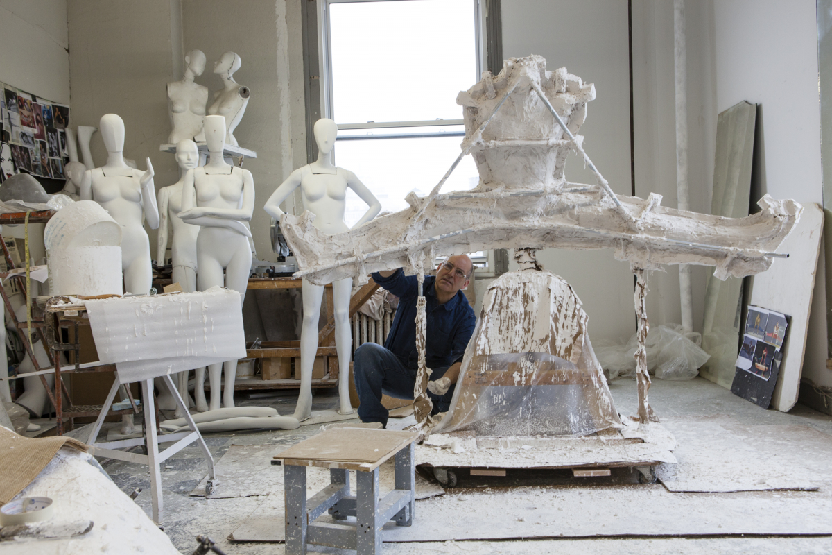 Sculptor Michael Evert in His Studio, With Mannequin Mold  From Left: Model, Diane Von Furstenberg, Model 1, Model 2, 2014: Collection of Ralph Pucci