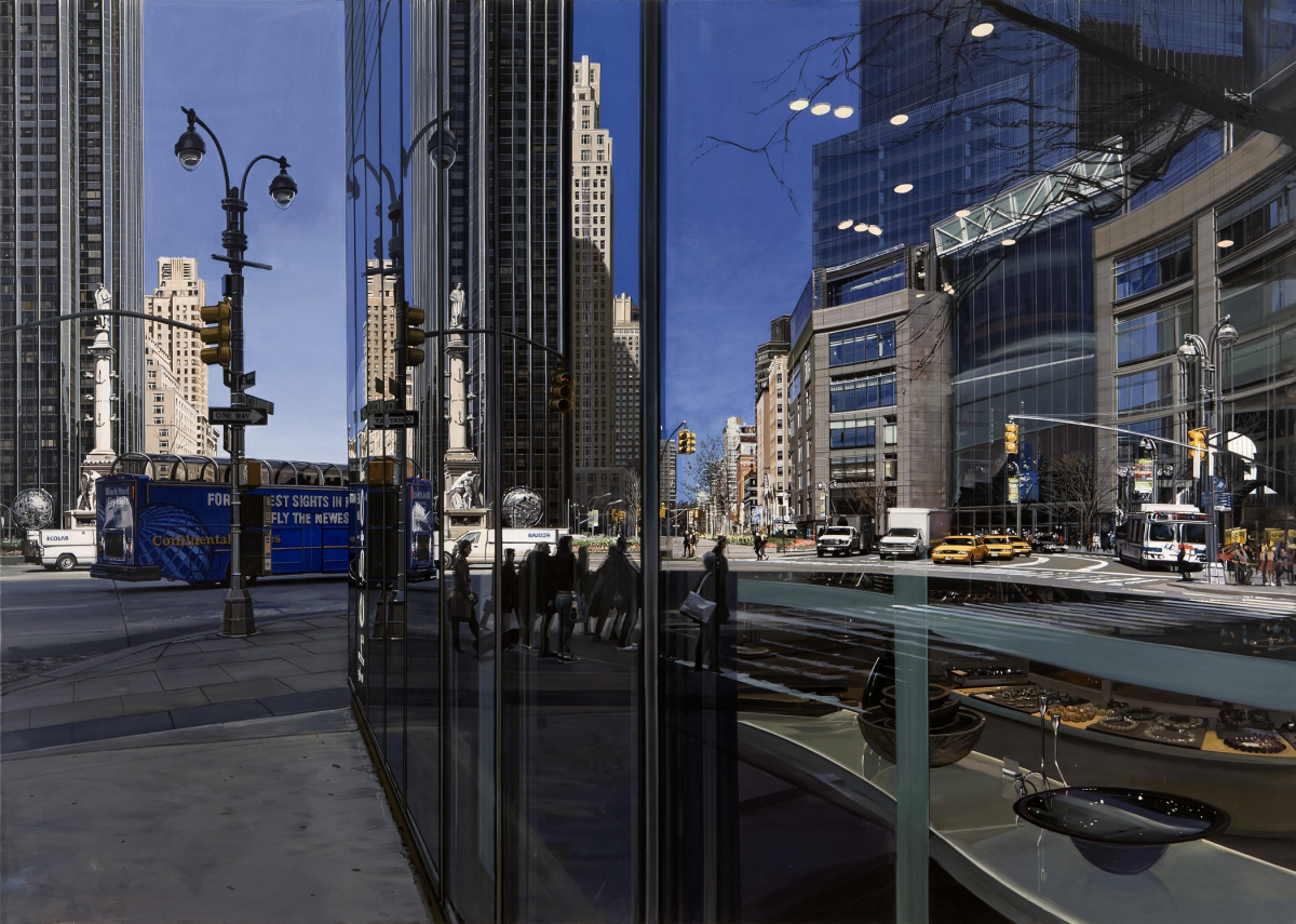 Columbus Circle Looking North, 2009: Oil on canvas; 40 x 56 1/4 in.; Linden and Michelle Nelson Tenants by the Entirety; © Richard Estes; Courtesy Marlborough Gallery, New York