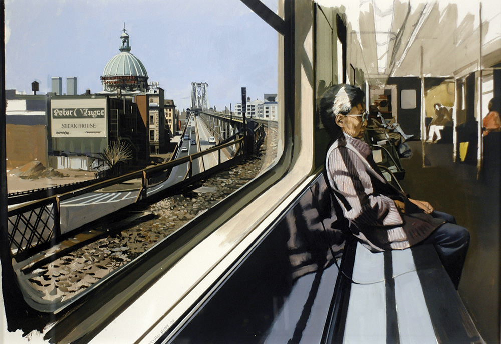 Richard Estes: M Train on Route to Manhattan Approaches the Williamsburg Bridge, 1995; Oil on illustration board; 20 x 30 in. (50.8 x 76.2 cm); Courtesy of Louis K. Meisel Gallery