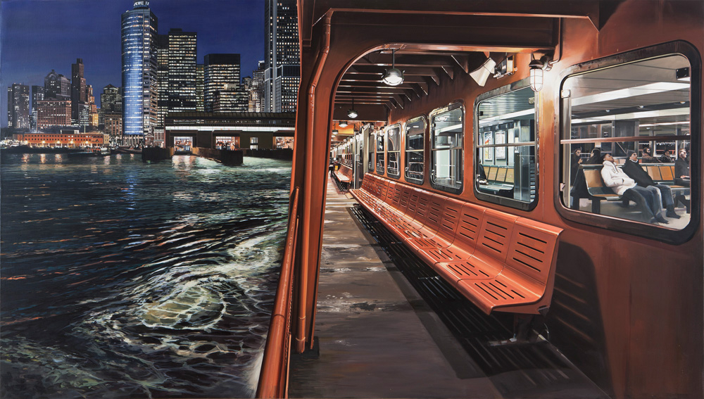 Staten Island Ferry Arriving in Manhattan, 2012: Oil on canvas; 37 x 65 5/8 in.; Courtesy of a private collection; © Richard Estes, courtesy Marlborough Gallery, New York