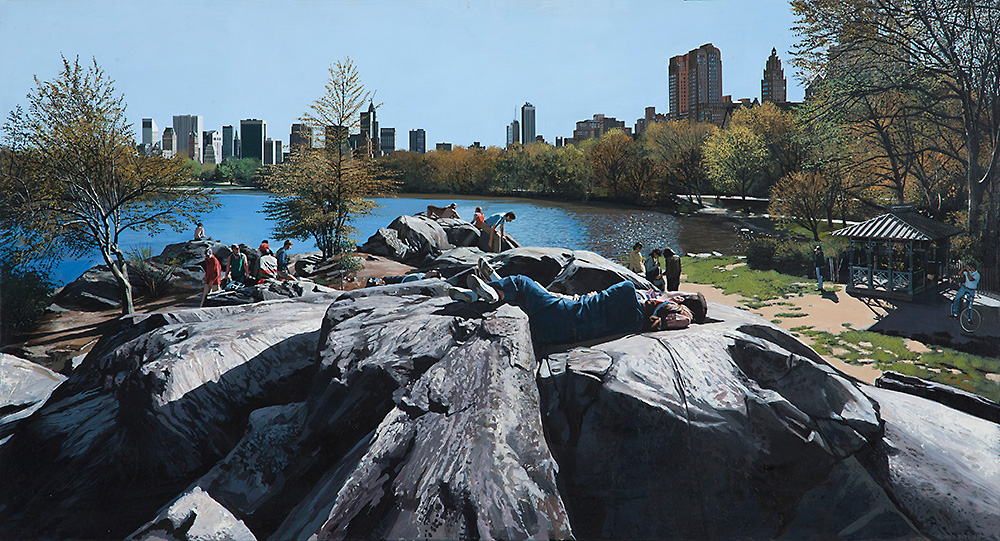 Richard Estes: Sunday Afternoon in the Park, 1989; Oil on canvas 24 x 44 in. (60.96 x 113.03 cm); Courtesy of the artist; Photo by Bruce Schwarz