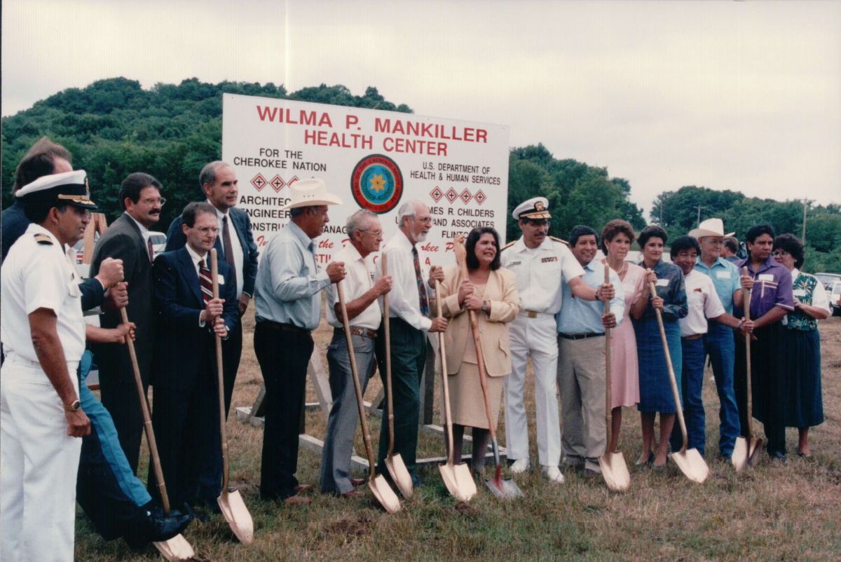 Wilma Mankiller and colleagues hold ceremonial shovels at the groundbreaking of the Wilma P. Mankiller Health Center 