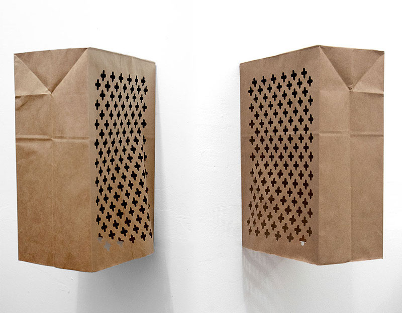 Portable Confessionals, handcut paper grocery bags, 2012.: Portable Confessionals, handcut paper grocery bags, 2012.