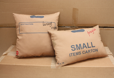 Carton Pillows, multicolor double-sided screenprint on cotton sateen, 2010.  