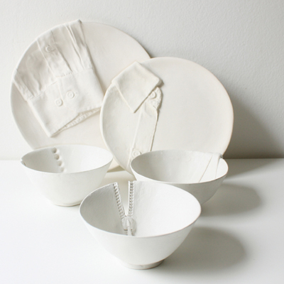 Dressed for Dinner, slip cast ceramic plates and bowls, 2010.  