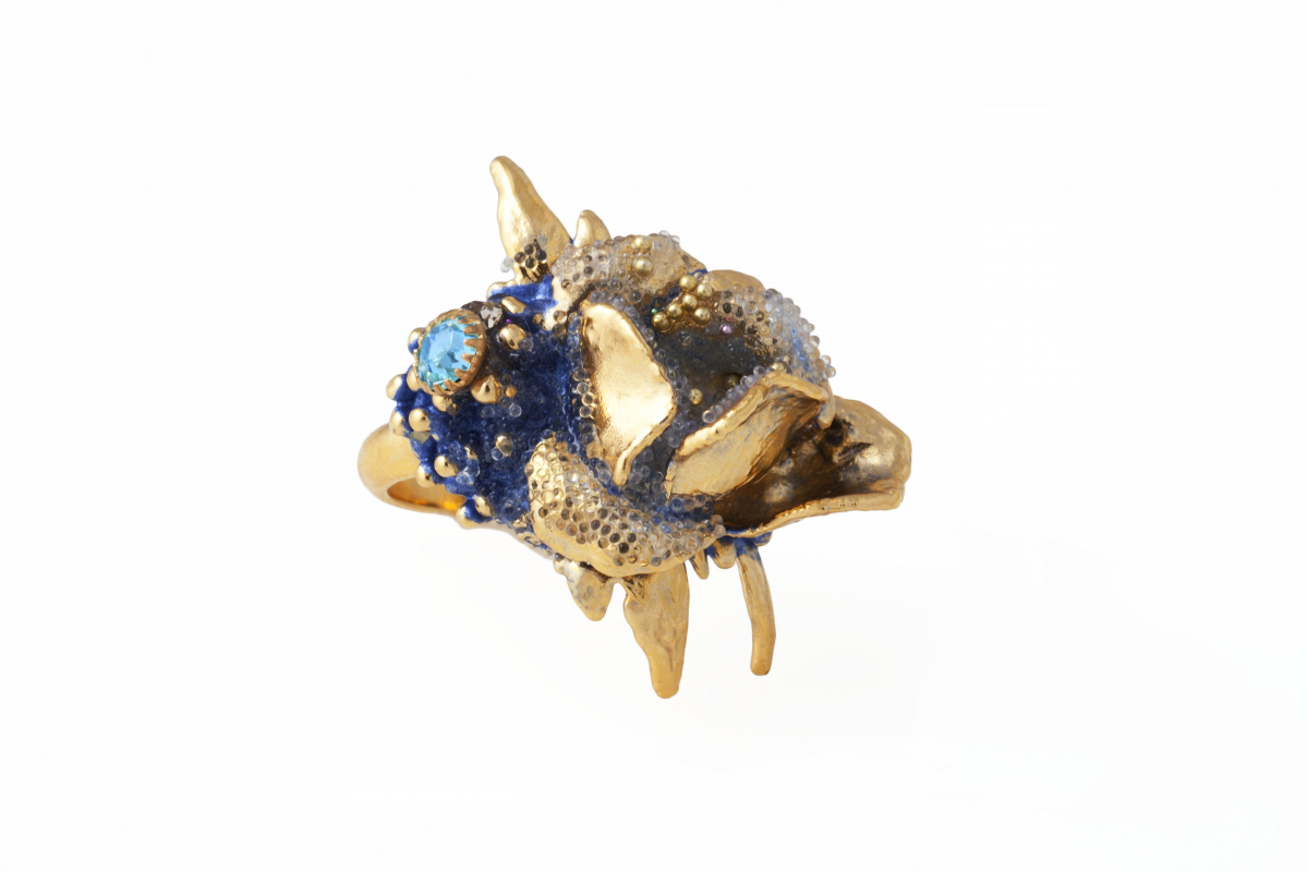 Ruth Reifen:  Supreme1; Gold plated copper, crystal, glass,automotive paint, enamel resin. Womens ring size: 7. Dimension: 1.5"1"x0.75". 2013