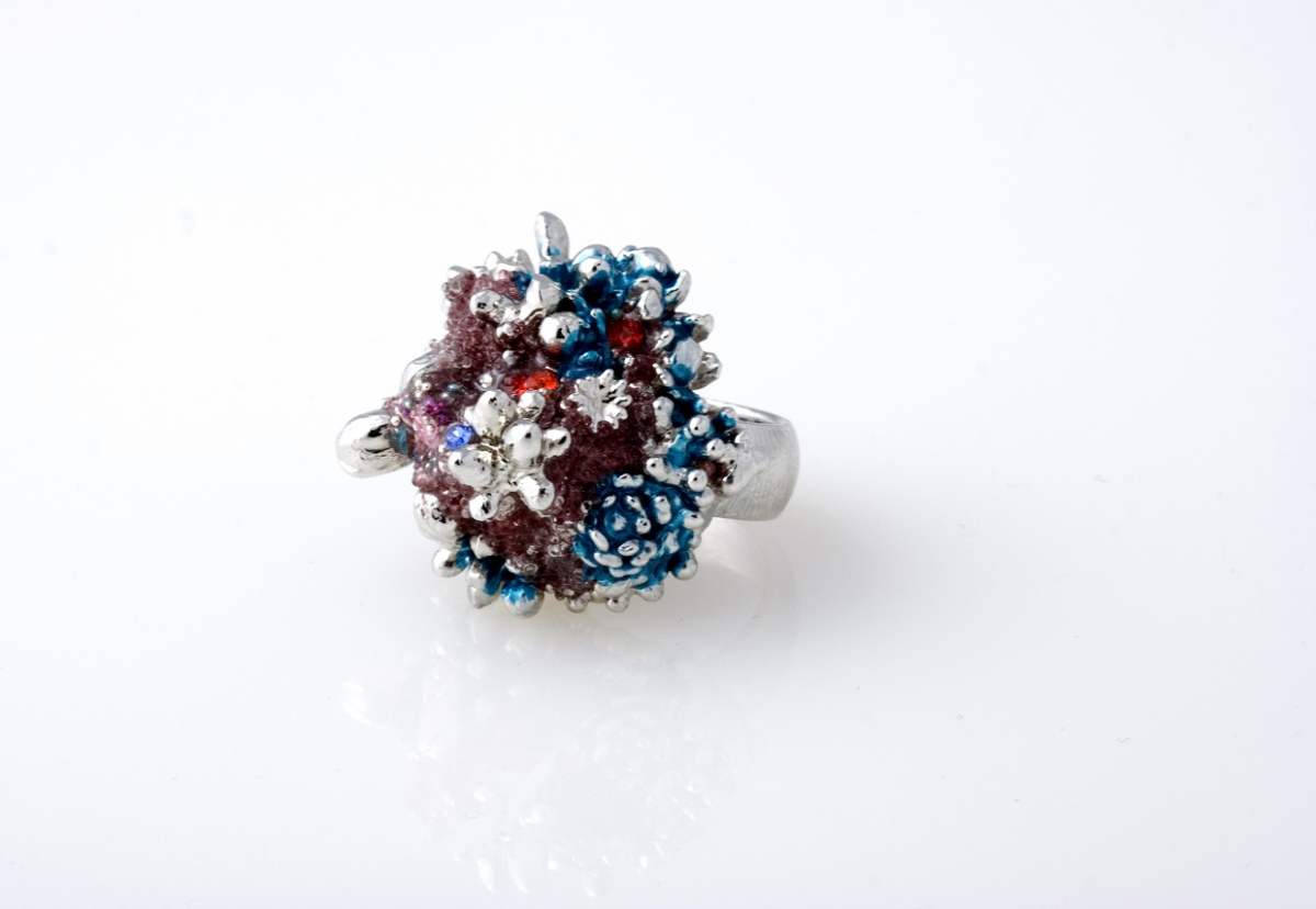 Ruth Reifen: Supreme2; Rhodium plated copper, crystal, glass, automotive paint, enamel resin. Womens ring size: 7. Dimension: 1.5"1"x0.75". 2013